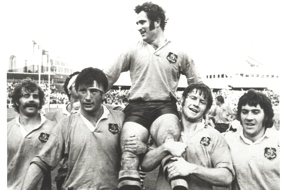 Captain John Hipwell chaired from the SCG after the First Test win over England in 1975. His jubilant teammates (left to right) are Steve Finnane, Reg Smith, Stu MacDougall and Geoff Shaw.