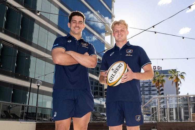Josh Nasser and Tom Lynagh ahead of the Wallabies' 2024 July Test series training camp in Brisbane. Picture: Julius Dimataga/Wallabies Media