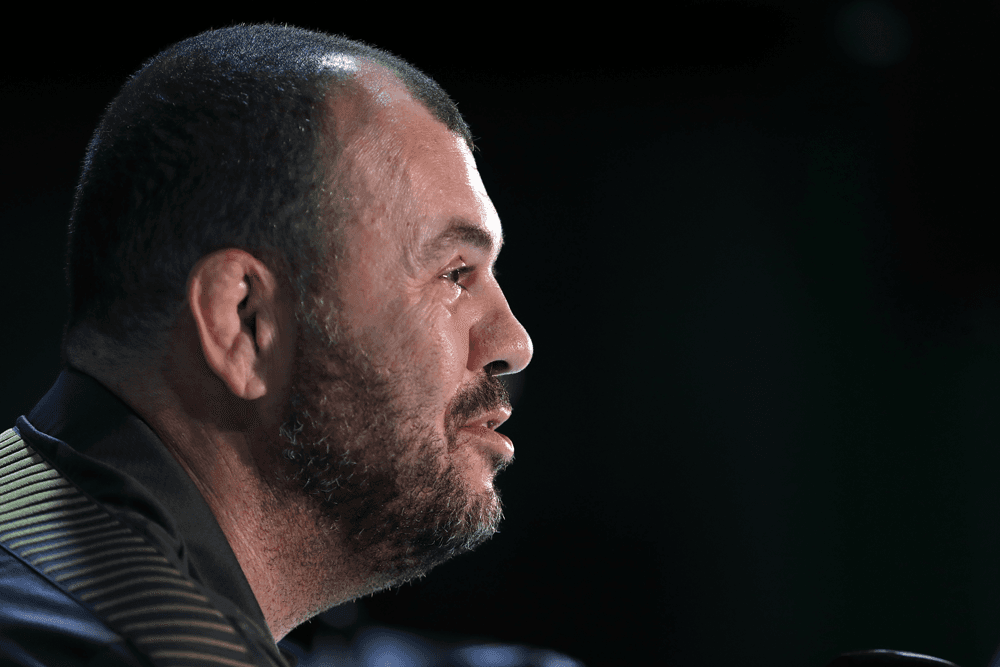 Michael Cheika during a press conference at the Rugby World Cup. Photo: Stuart Walmsely