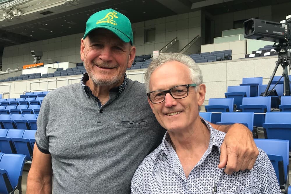 Former Wallabies teammates Tony Shaw (left) and Ken Wright catch up in Japan before a 2018 Wallabies' Test.