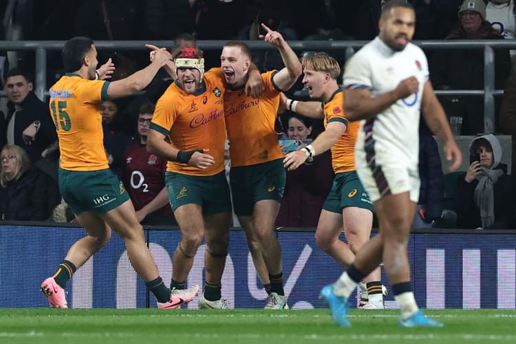 Max Jorgensen savours his game winning try against England. Photo: Getty Images