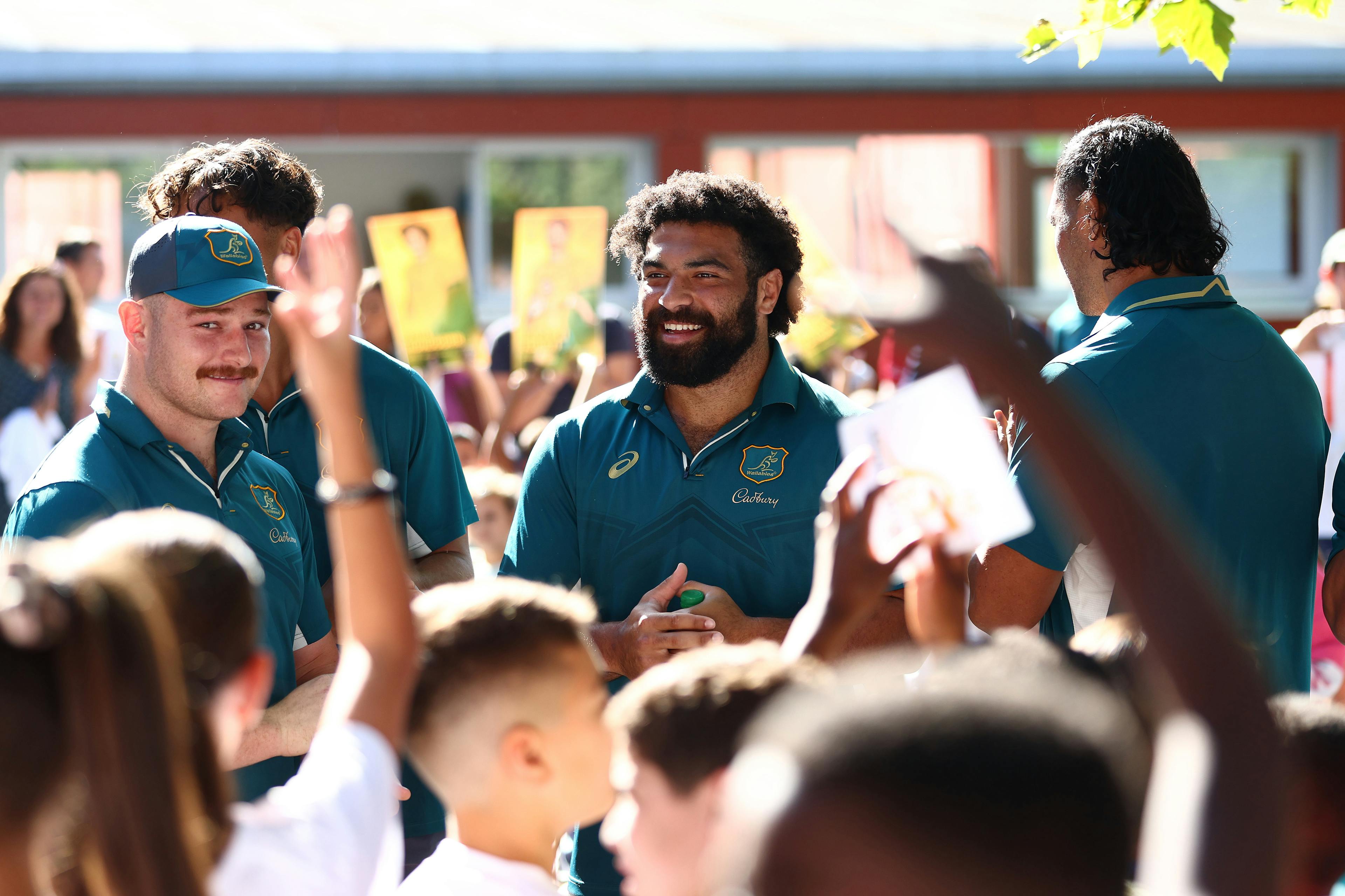 Zane Nonggorr at a Rugby World Cup community engagement opportunity in France last year. Photo: Getty Images
