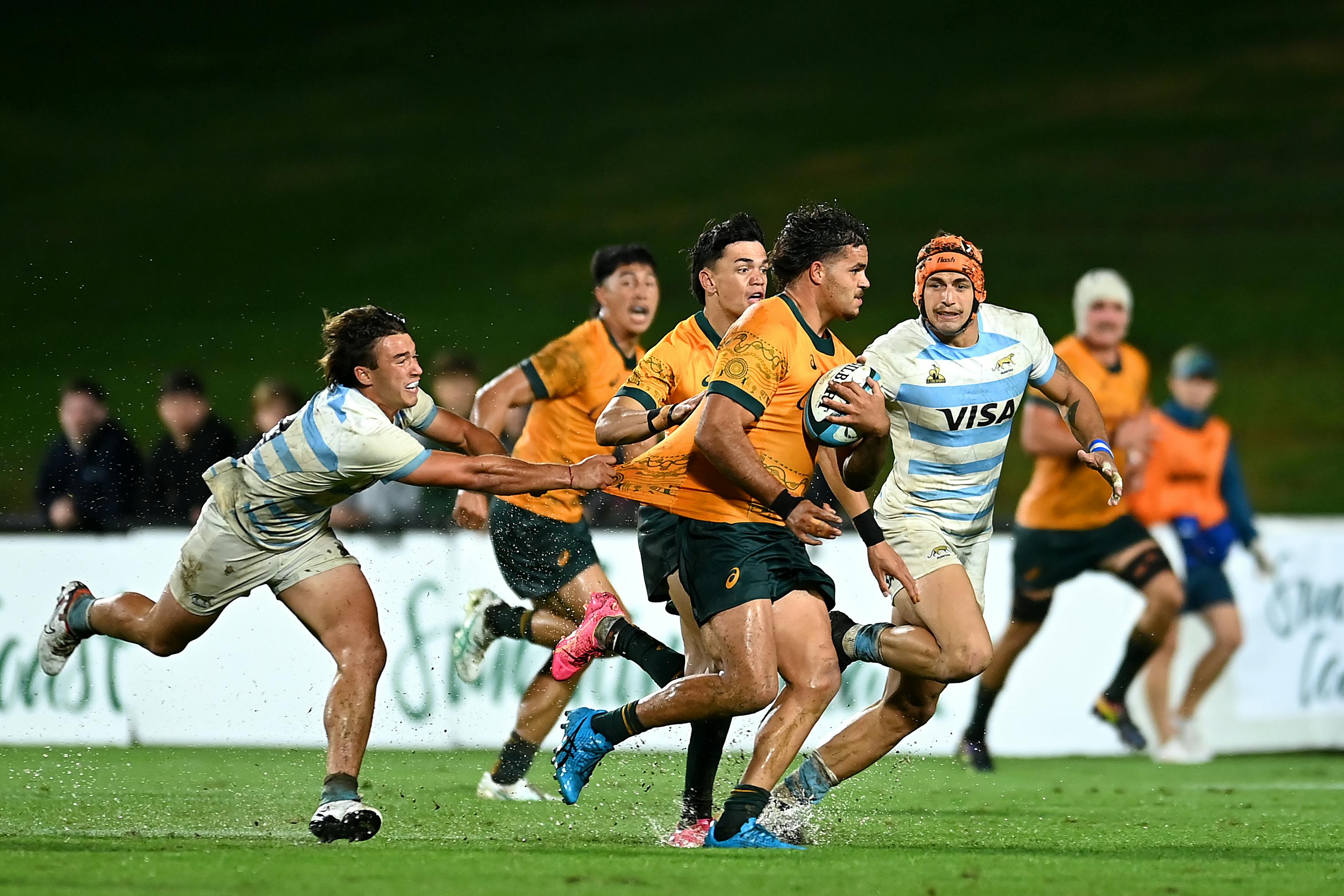 Yuin man and Brumbies centre Jarrah McLeod in the Dylan Pietsch-designed Australia U20s jersey. Photo: Getty Images