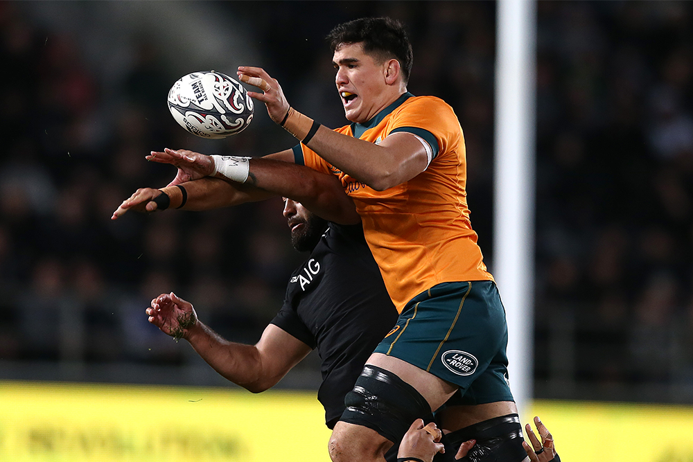 Darcy Swain competes at a lineout for the Wallabies. Photo: Getty Images